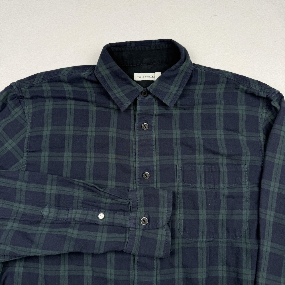 rag & bone/JEAN Shirt Men's Small Navy Green Plaid Flannel Button Down Casual